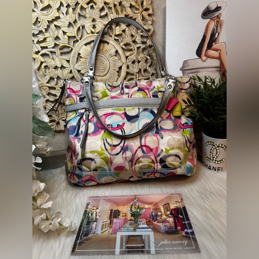 Coach Poppy Multicolor Signature Circle Print Shoulder Bag with Silver Trim